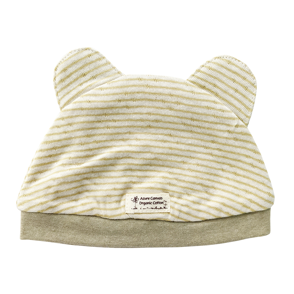 有機棉嬰兒雙層彩小熊帽-綠條NB | 藍天畫布有機棉