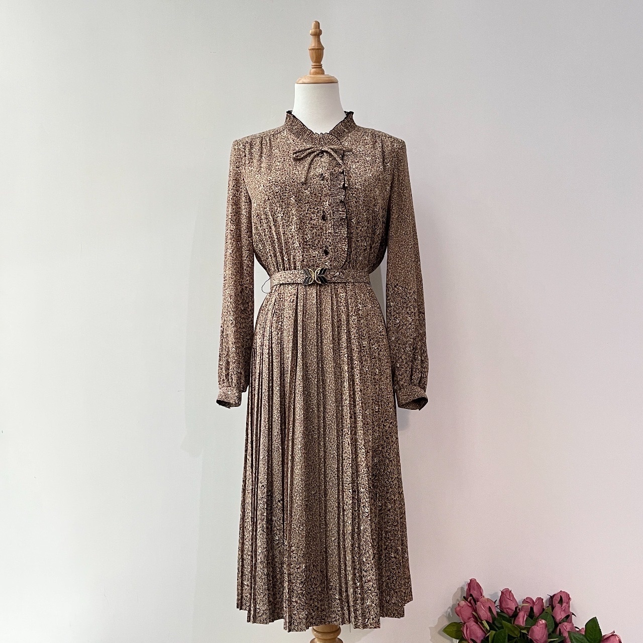 日本製黑色茶啡葉紋連身裙