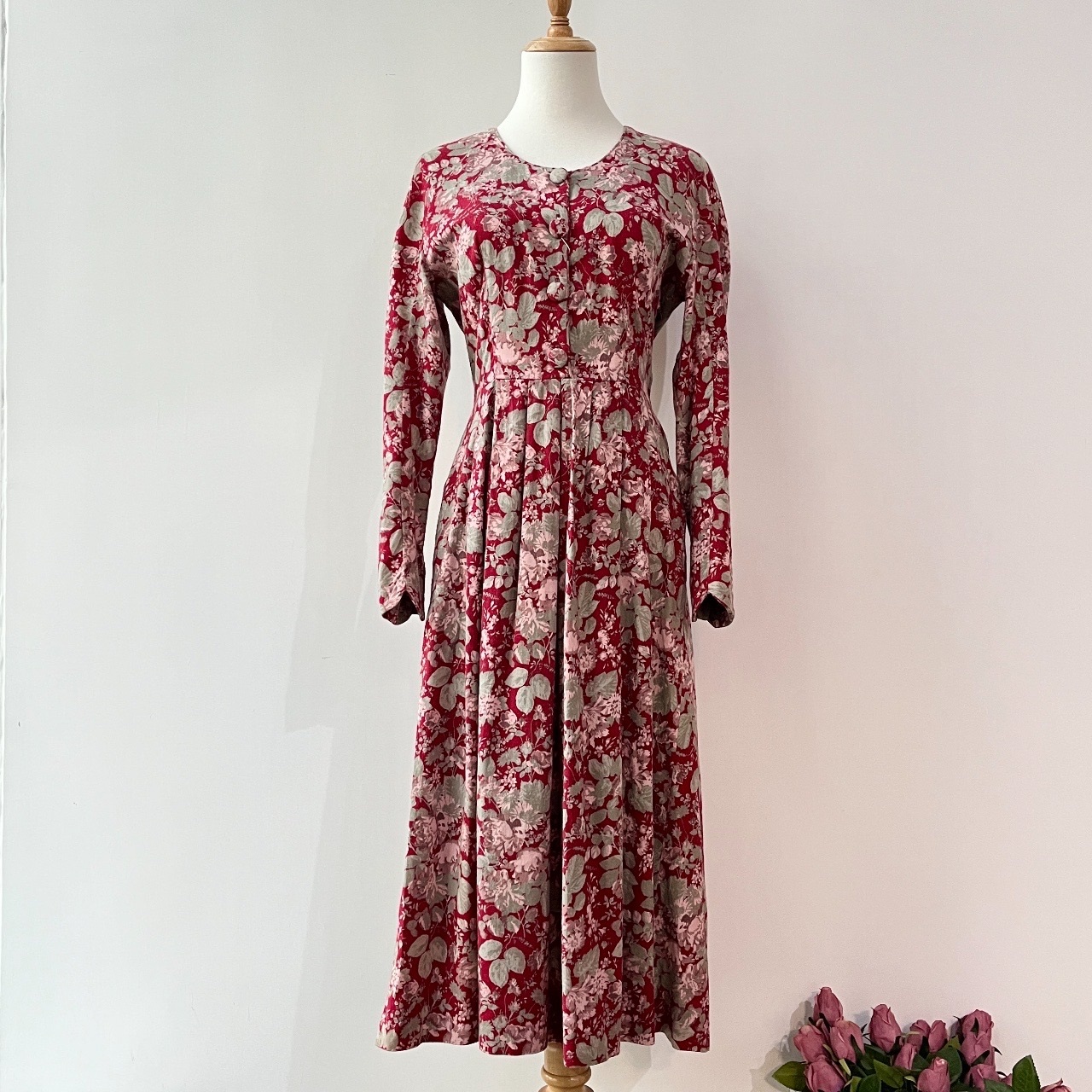 1980s Laura Ashley 英國製紅色大花連身裙