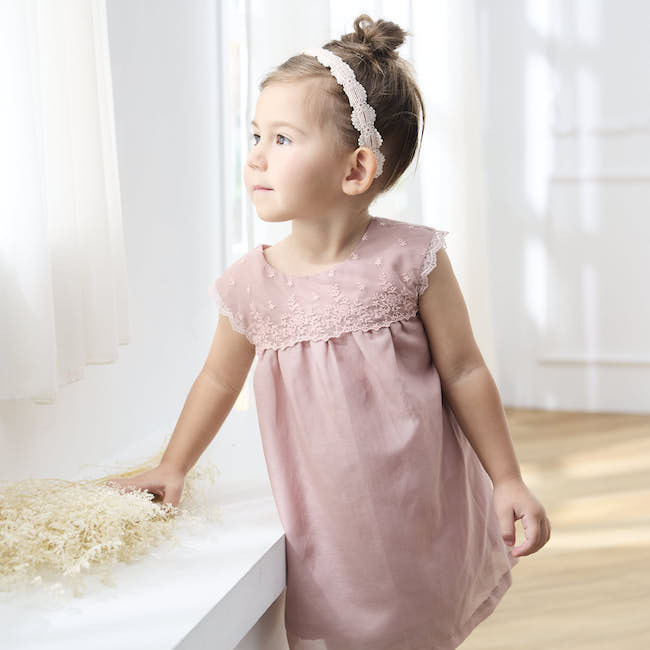 蕾絲絲棉洋裝 粉/米