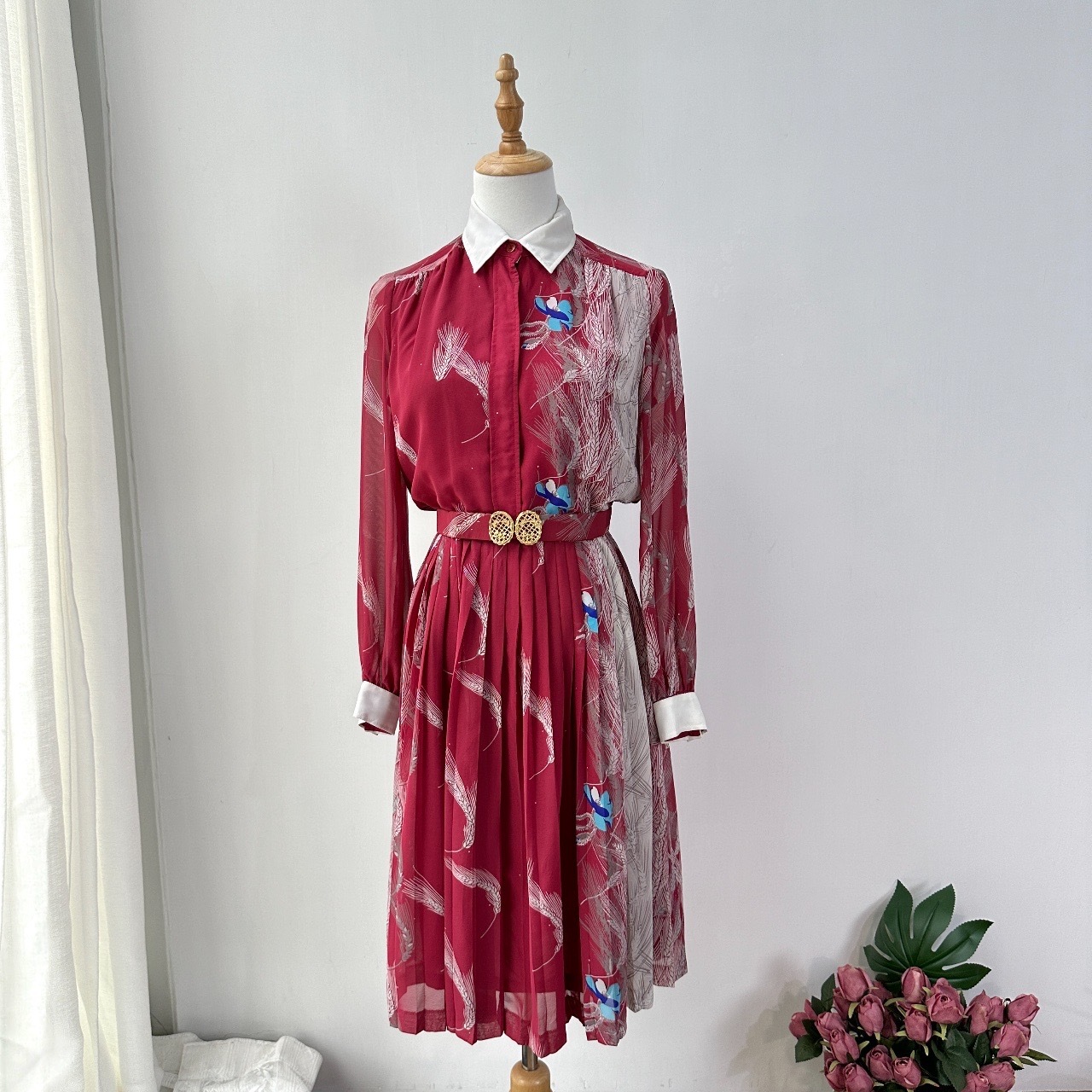 暗紅色稻草風景長袖連身裙