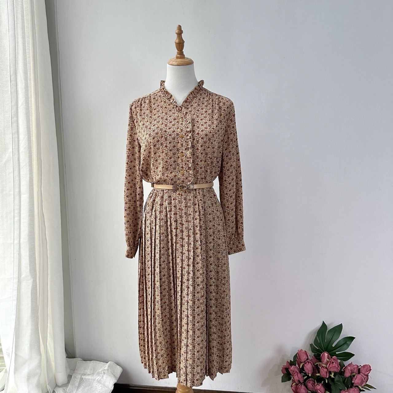 日本製泥黃手繪感碎花連身裙