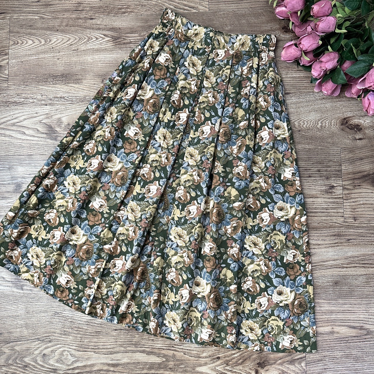 日本製墨綠大花打褶半身裙