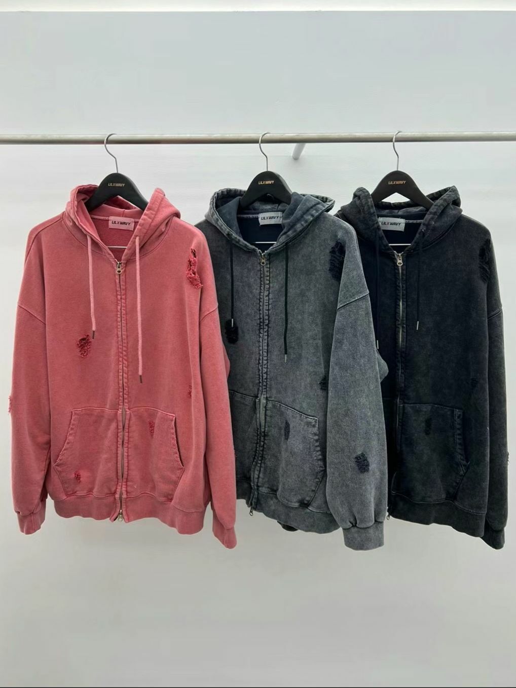 洗水破洞連帽拉鍊外套 LIL-015JK