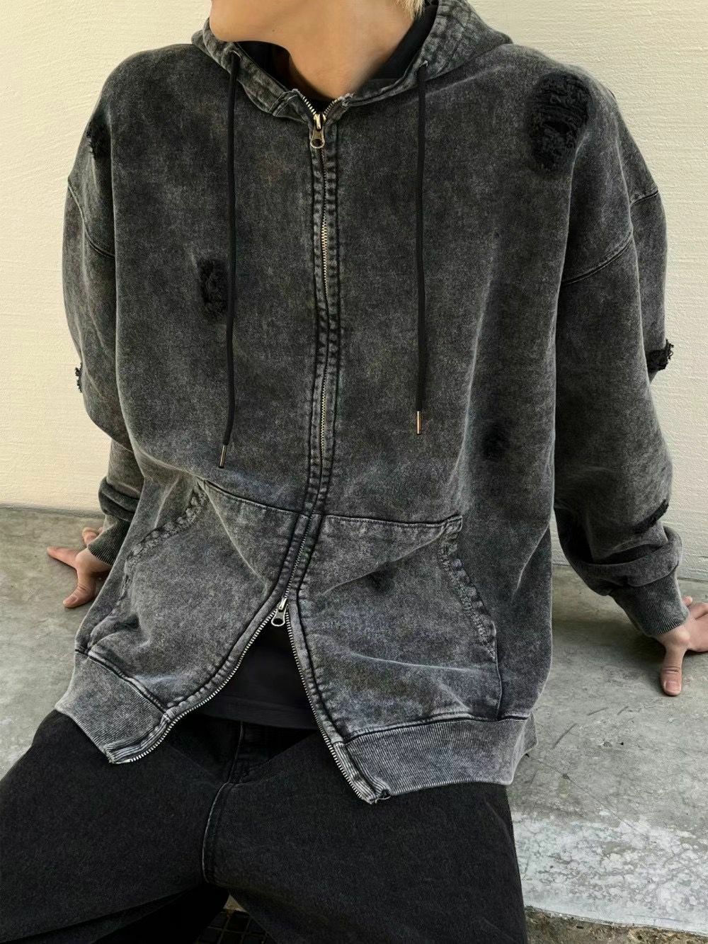 洗水破洞連帽拉鍊外套 LIL-015JK