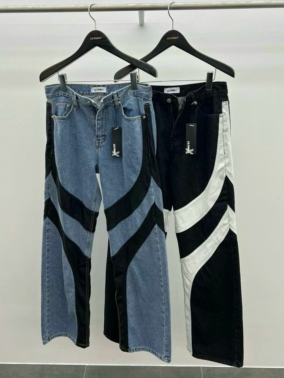 仿舊拼皮鬆身牛仔褲 LIL-016J