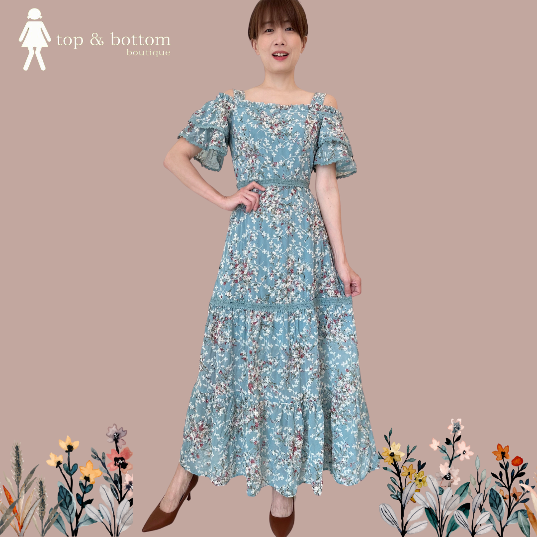 STRAP COLD SHOULDER EMBROIDERY LONG DRESS