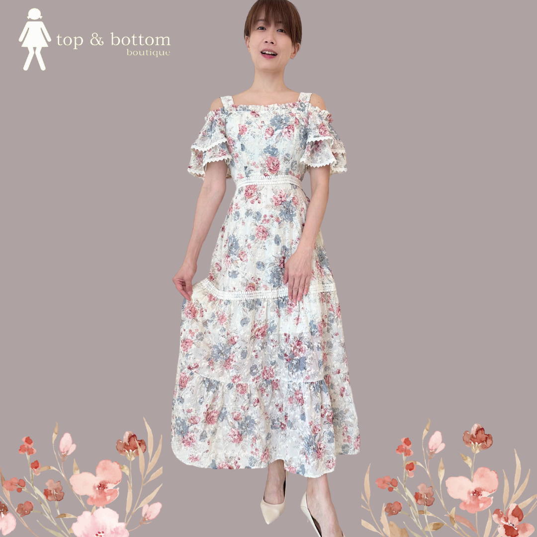 STRAP COLD SHOULDER EMBROIDERY LONG DRESS