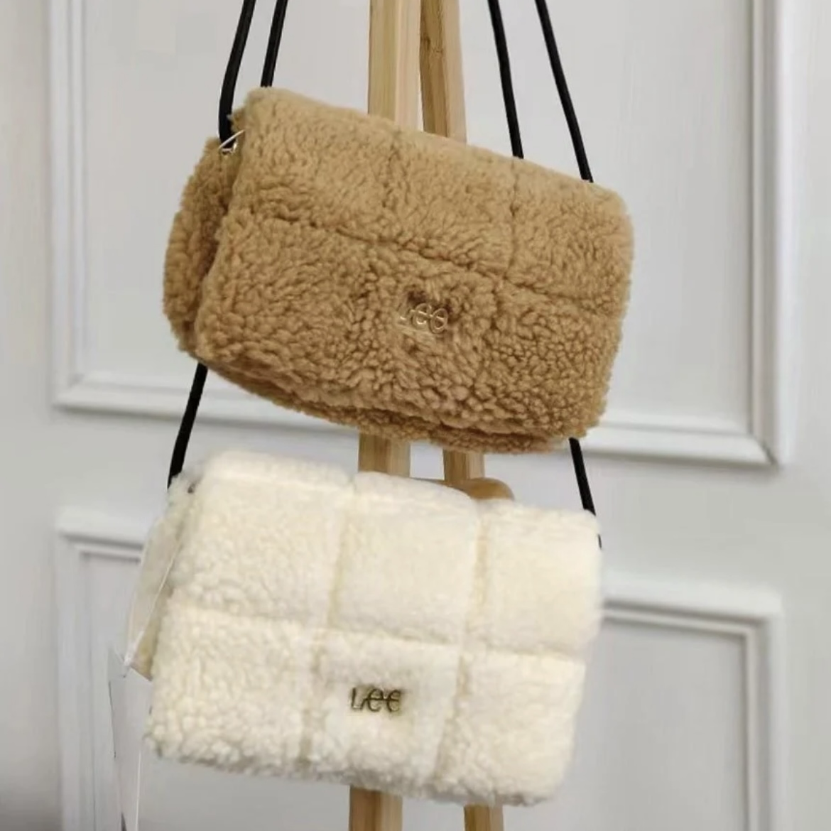 Lee方格羔羊毛包 掀蓋 側背 肩背 奶油白/焦糖棕 秋冬限定