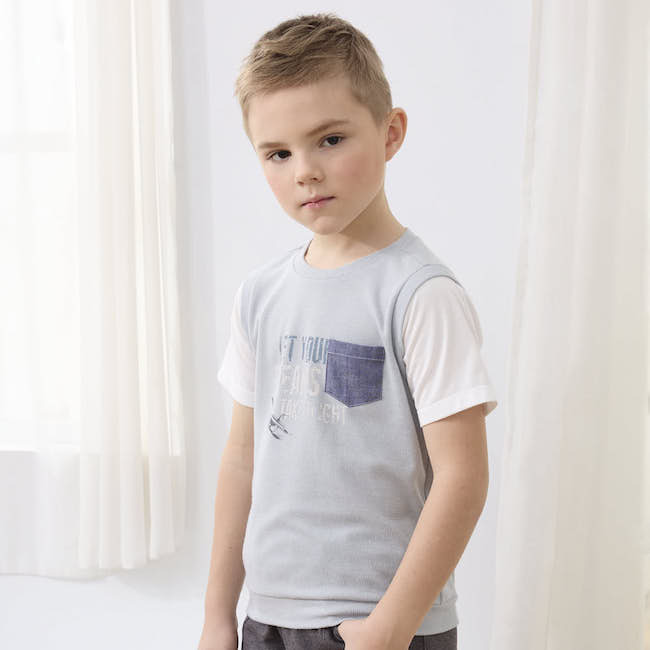 印花針織假兩件上衣 灰藍