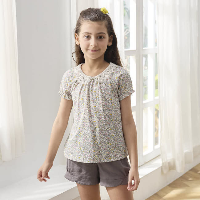 蕾絲領小碎花上衣 粉紫