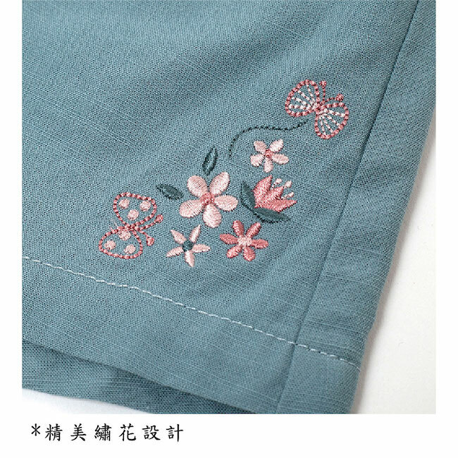 大口袋綉花休閒短褲 藍綠