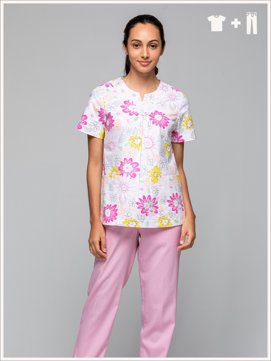 【整套販售】I245-A0 女刷手服套裝-I印花布-太陽花紅