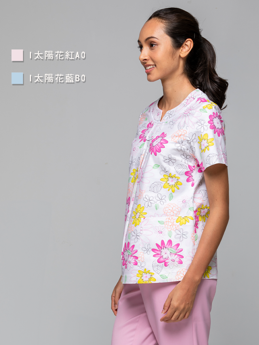 【整套販售】I245-A0 女刷手服套裝-I印花布-太陽花紅