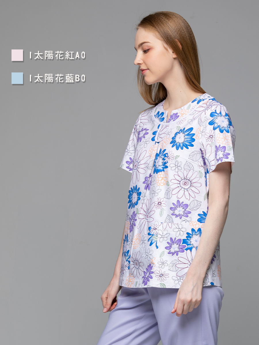 【整套販售】I245-B0 女刷手服套裝-I印花布-太陽花藍