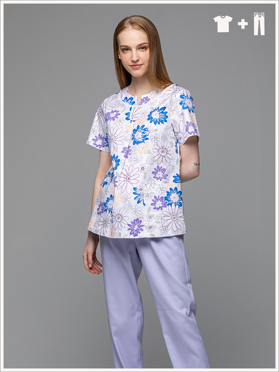 【整套販售】I245-B0 女刷手服套裝-I印花布-太陽花藍