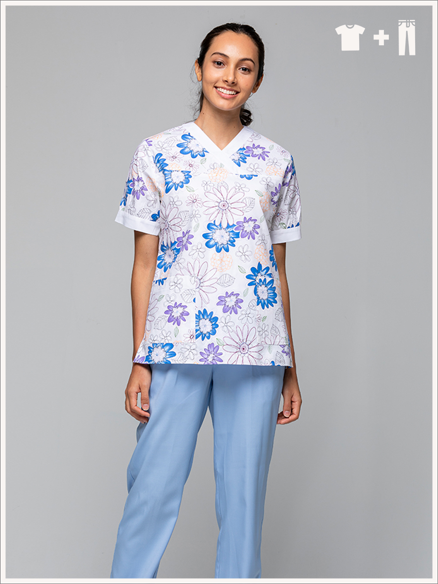 【整套販售】I704-B0 女刷手服套裝-I印花布-太陽花藍