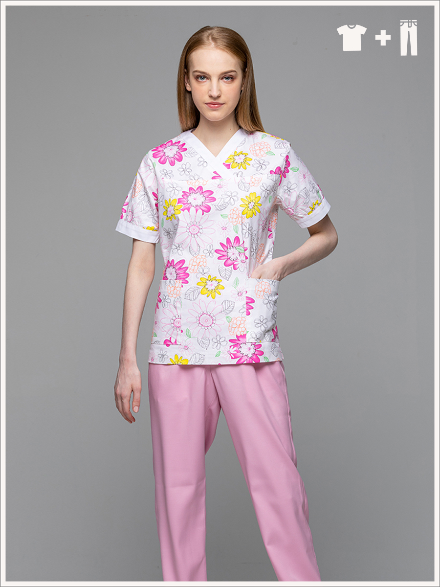 【整套販售】I704-A0 女刷手服套裝-I印花布-太陽花藍