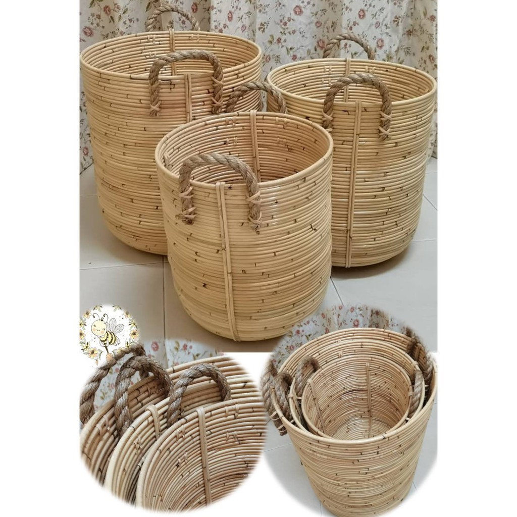 Double Rope Handle Solid Rattan Storage Basket