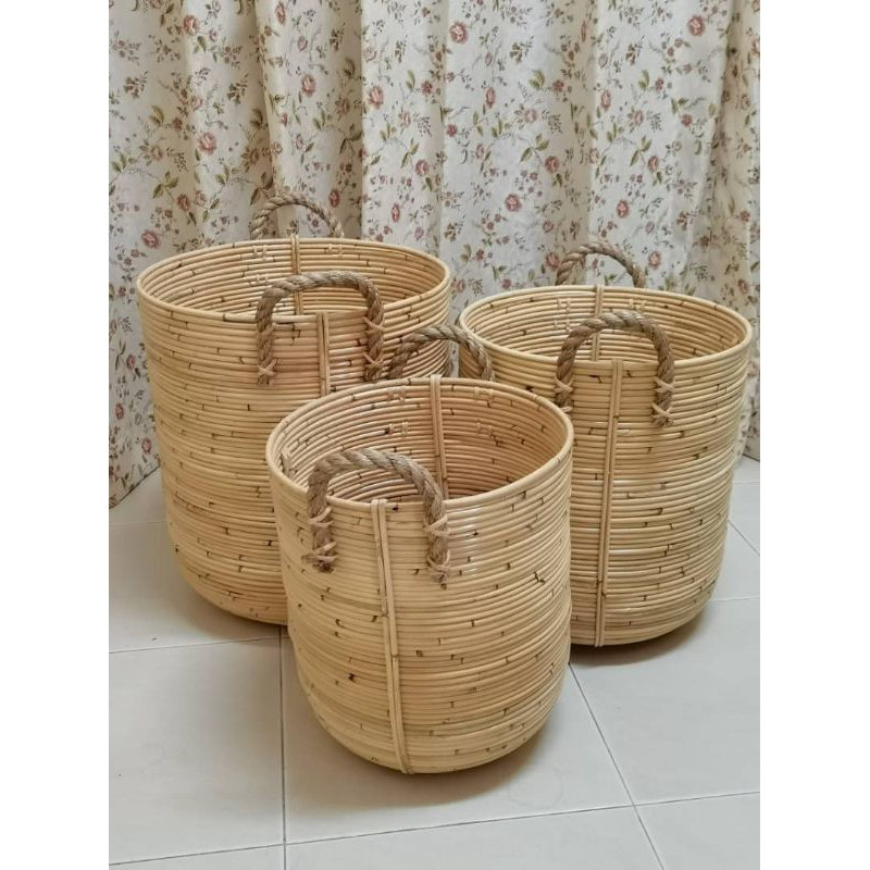 Double Rope Handle Solid Rattan Storage Basket