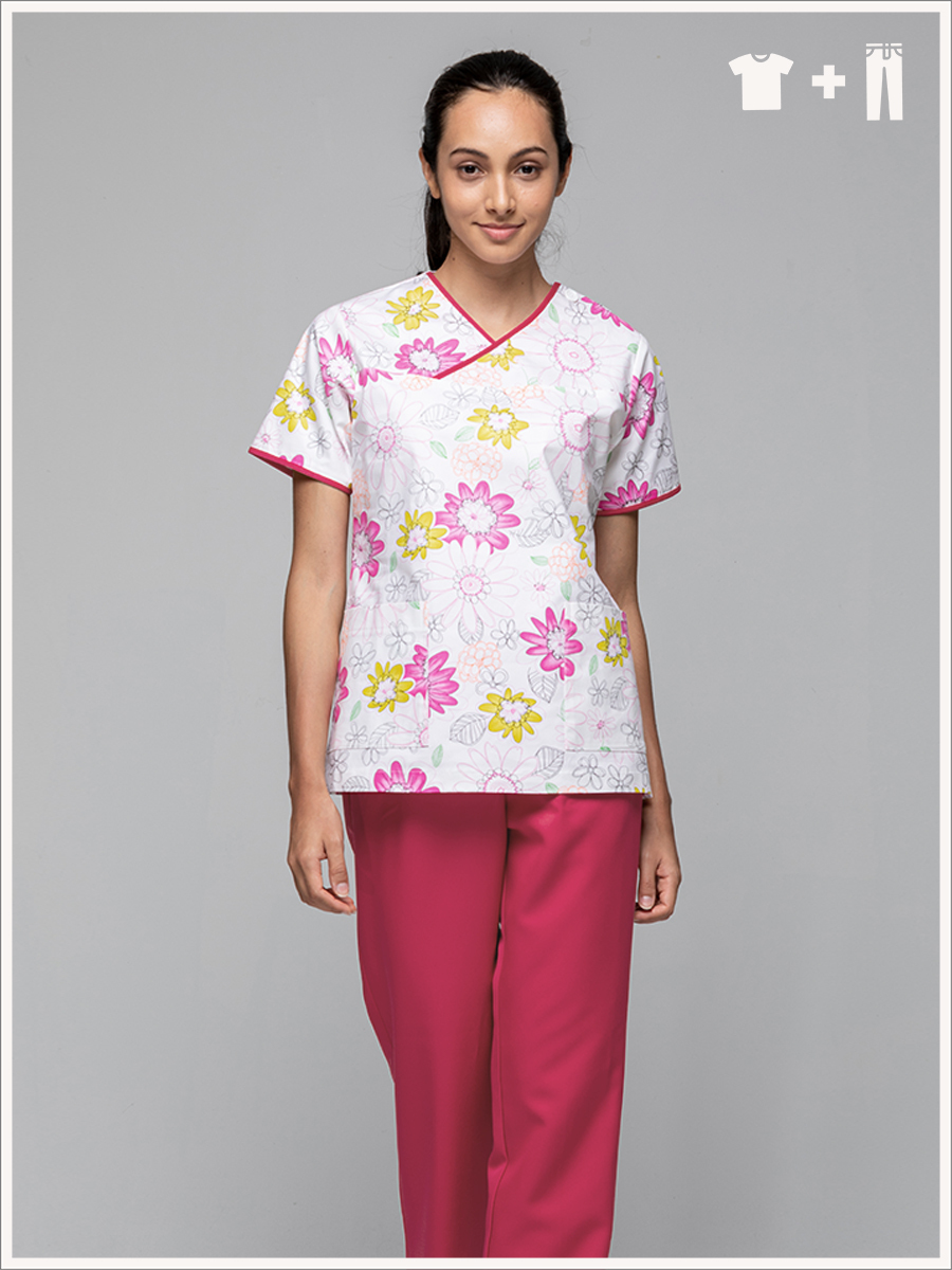 【整套販售】I712-A0 女刷手服套裝-I印花布-太陽花紅