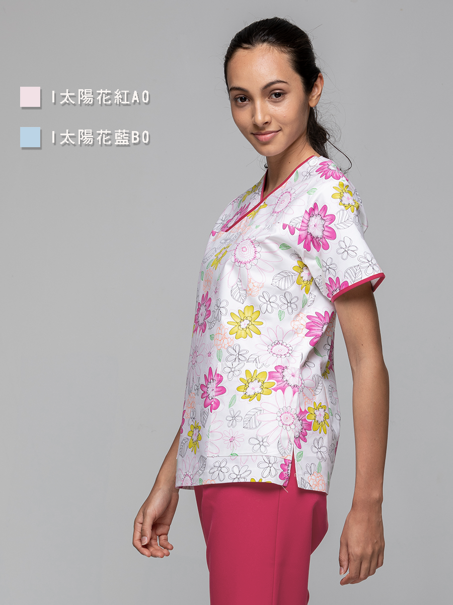 【整套販售】I712-A0 女刷手服套裝-I印花布-太陽花紅