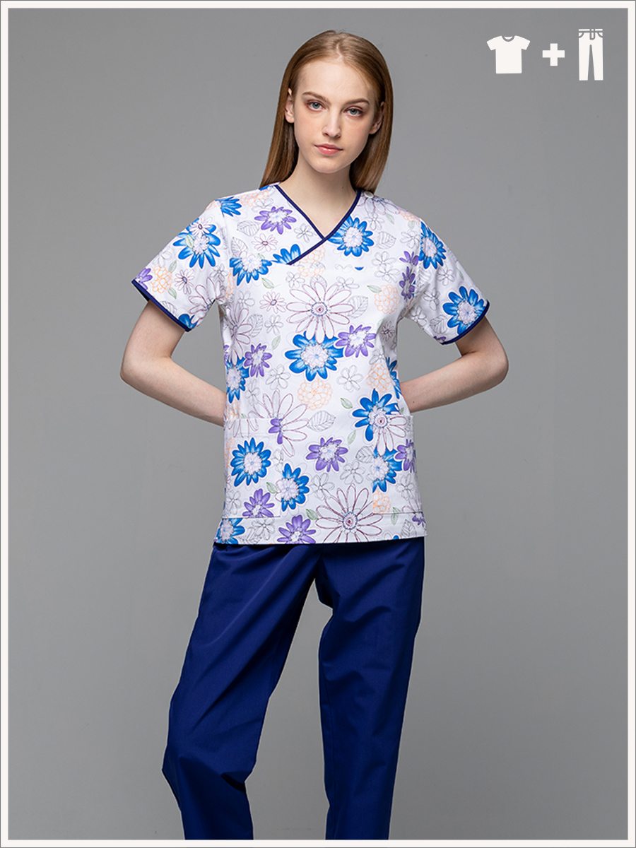 【整套販售】I712-B0 女刷手服套裝-I印花布-太陽花藍