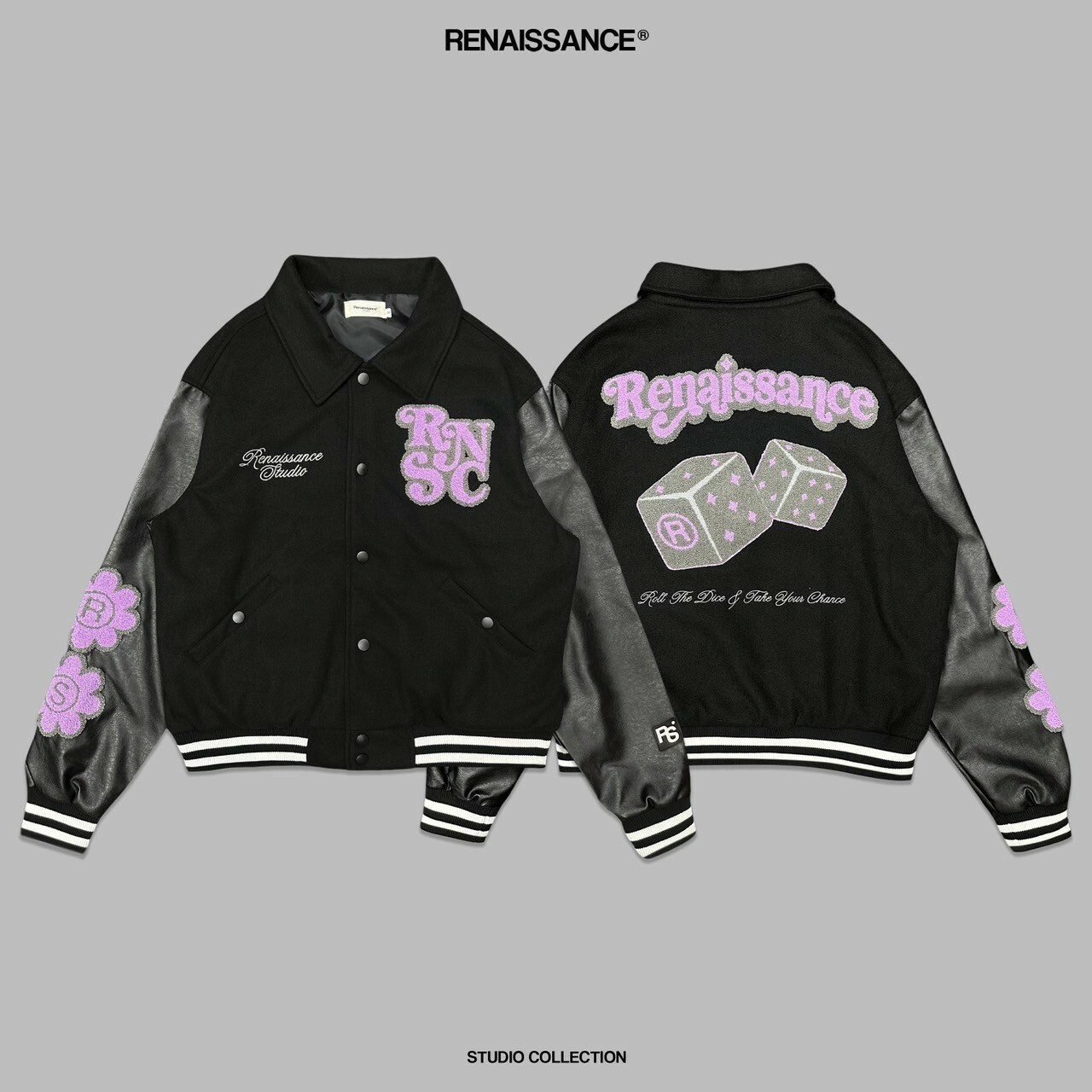 RENAISSANCE 黑粉BLACKPINK配色 小花 骰子 翻領棒球外套 啞光黑皮袖棒外 毛巾布 臂章 ‘’ Roll The Dice Varsity Jacket ‘’