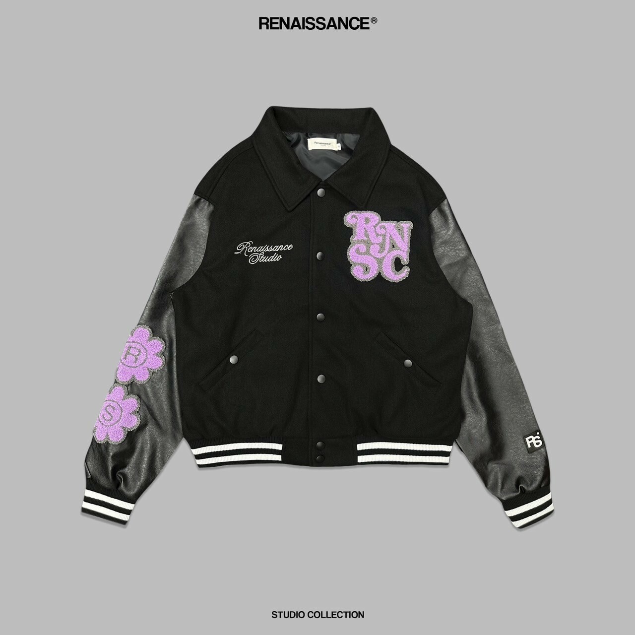 RENAISSANCE 黑粉BLACKPINK配色 小花 骰子 翻領棒球外套 啞光黑皮袖棒外 毛巾布 臂章 ‘’ Roll The Dice Varsity Jacket ‘’