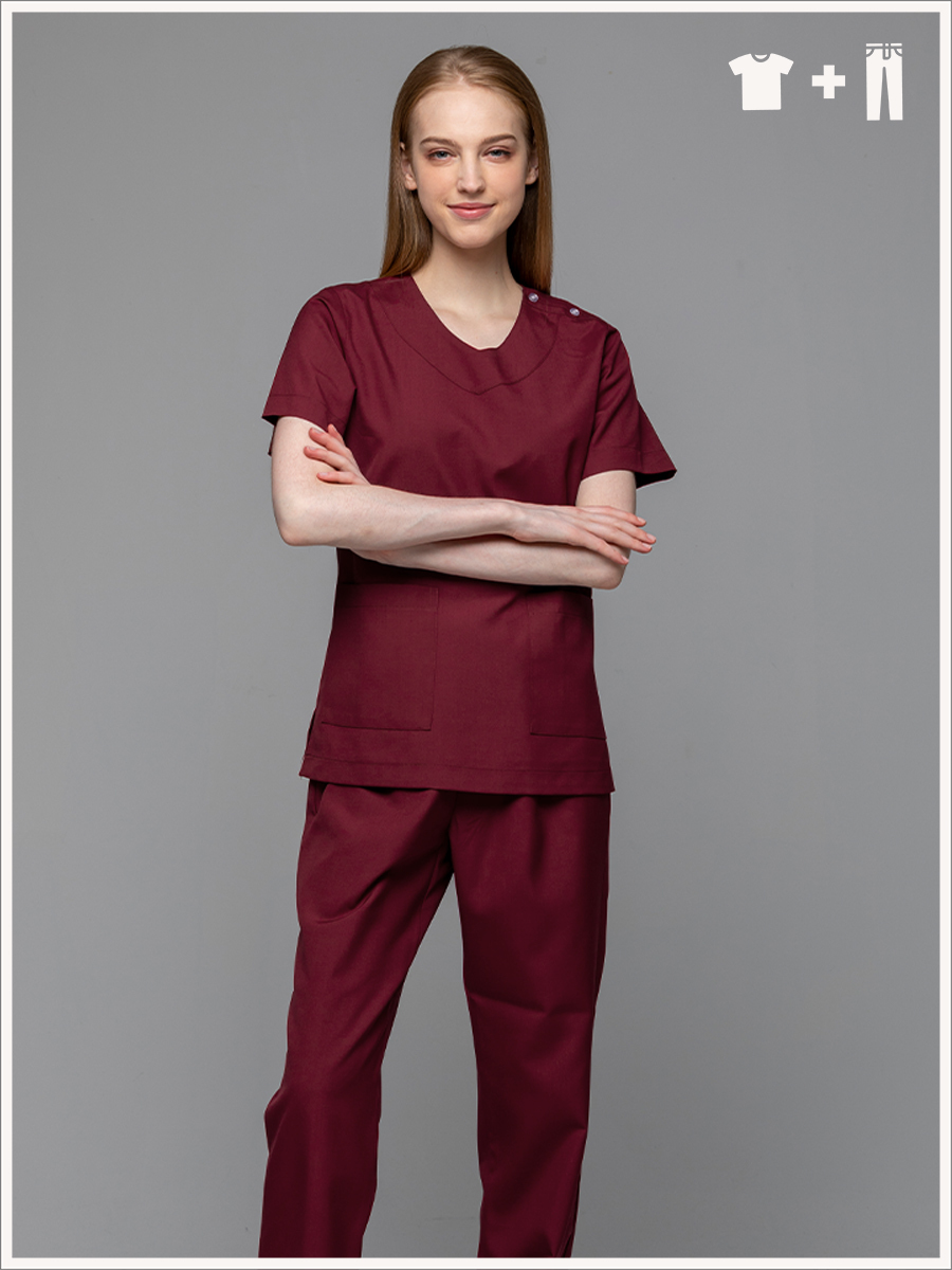 【整套販售】C709-F7 女刷手服套裝-C經典布-暗棗紅