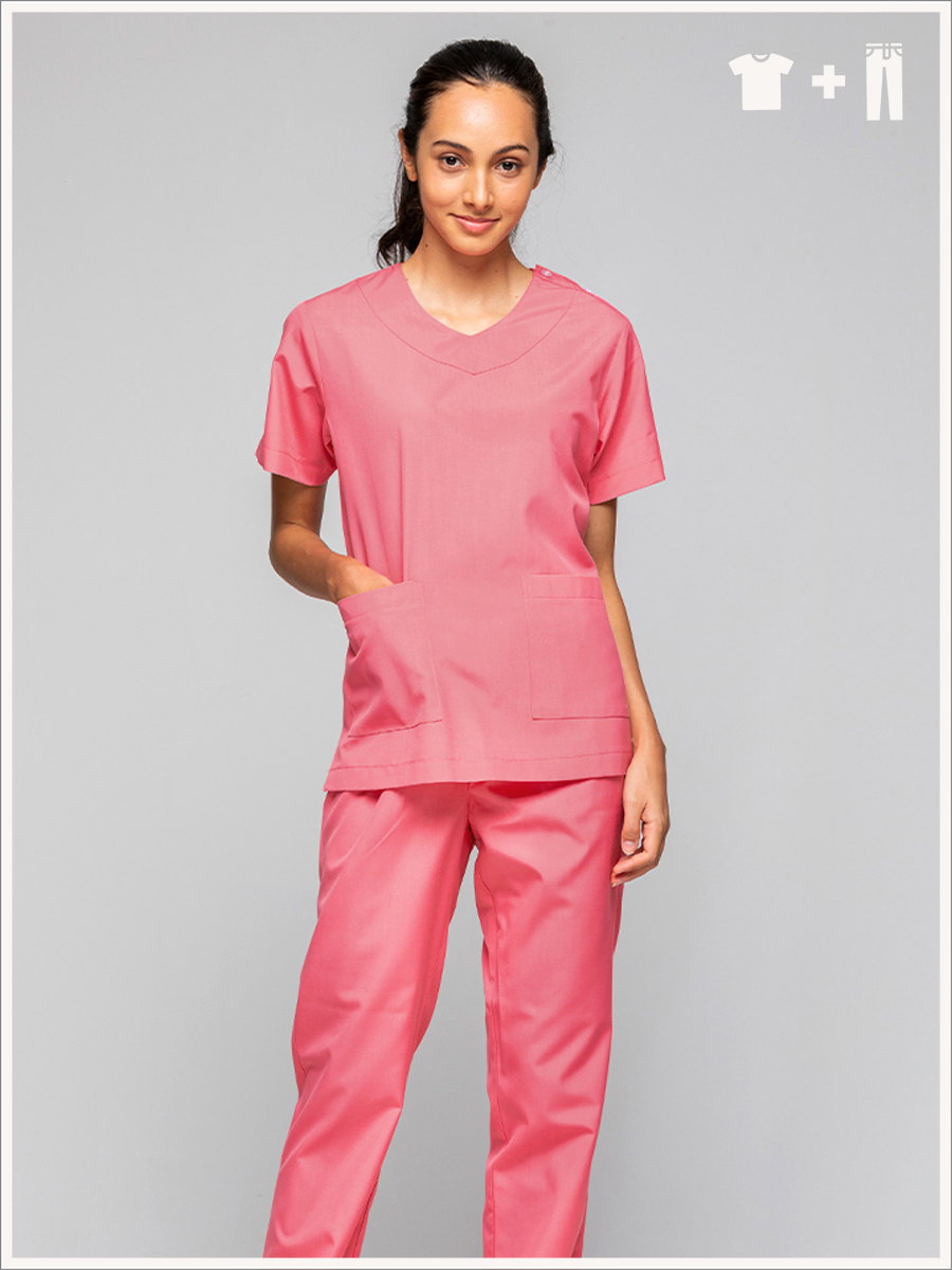 【整套販售】C709-A3 女刷手服套裝-C經典布-珊瑚粉