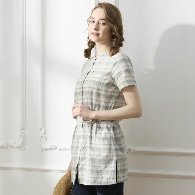 經典格紋綁帶長版襯衫 藍