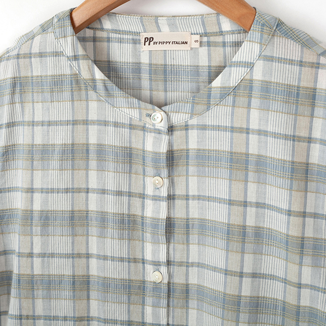 經典格紋綁帶長版襯衫 藍