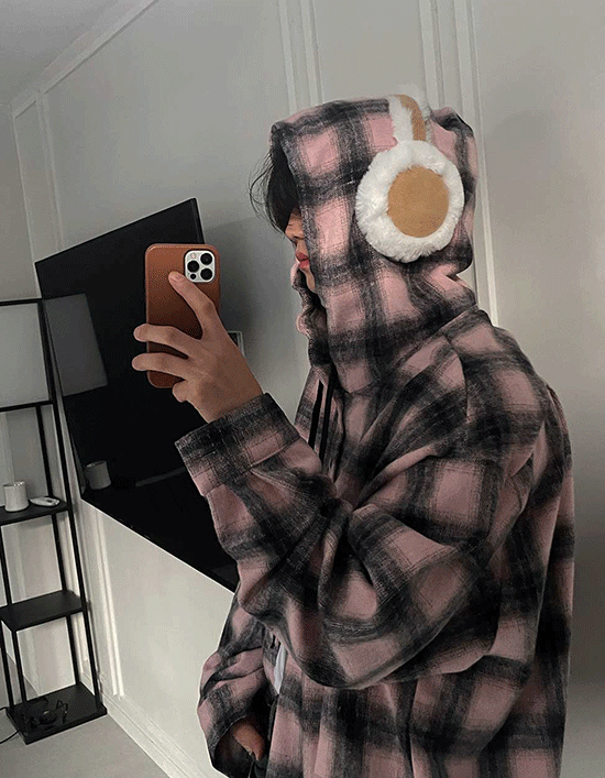 糖果泡泡袖格紋連帽襯衫