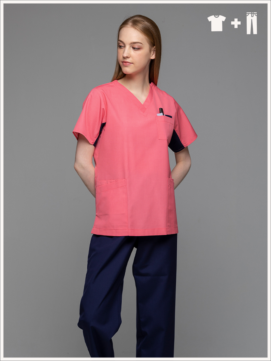 【整套販售】C714-A3 女刷手套裝-C經典布-珊瑚粉