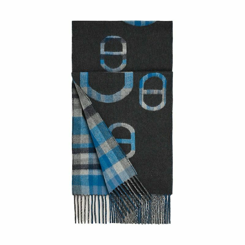 全新HERMES圍巾 豬鼻圖案ANTHRACITE藍色 全羊絨 25x150cm TARTAN MAILLONS MUFFLER#男女同款 H394068T 01#BRAND NEW #香榭站正品
