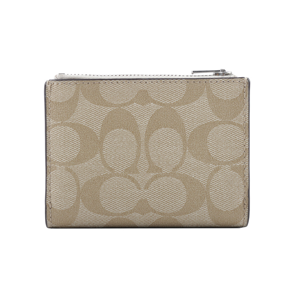 【COACH】銀字馬車Logo 塗層帆布暗釦二折短夾(淺卡其/白色) CM852 SIGHA