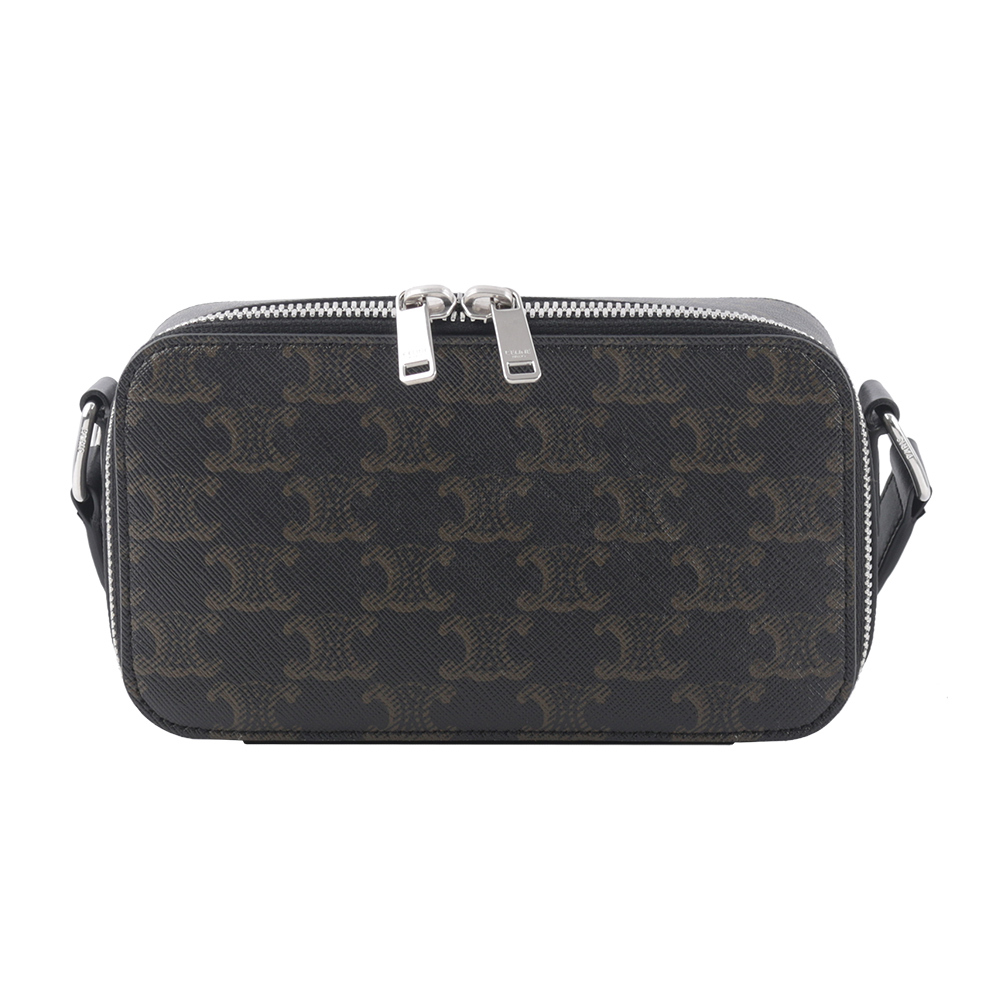 【CELINE】TRIOMPHE 塗層帆布及小牛皮迷你拉鍊郵差包(黑色) 114902EVJ.38SI