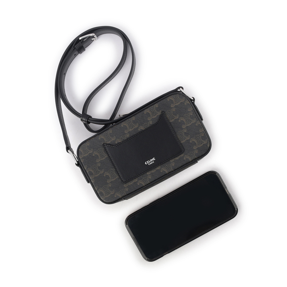 【CELINE】TRIOMPHE 塗層帆布及小牛皮迷你拉鍊郵差包(黑色) 114902EVJ.38SI