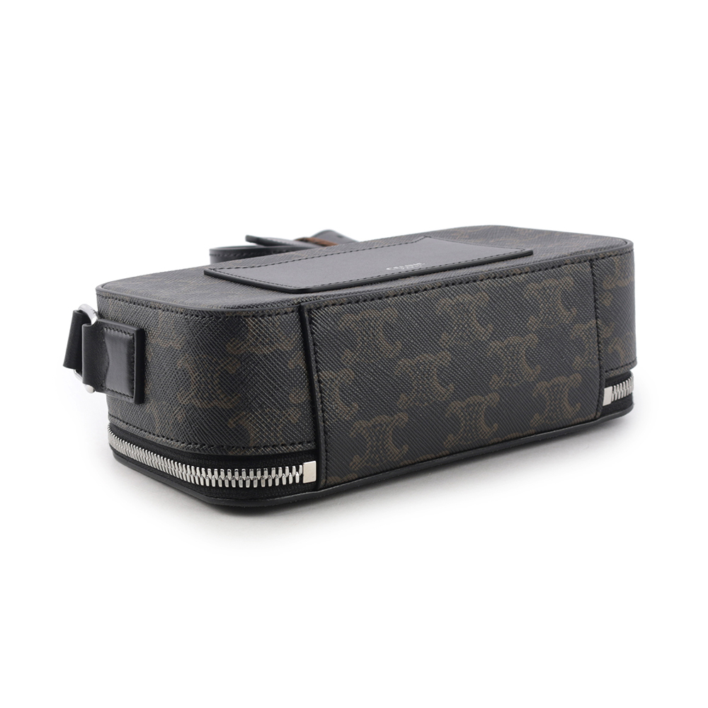 【CELINE】TRIOMPHE 塗層帆布及小牛皮迷你拉鍊郵差包(黑色) 114902EVJ.38SI