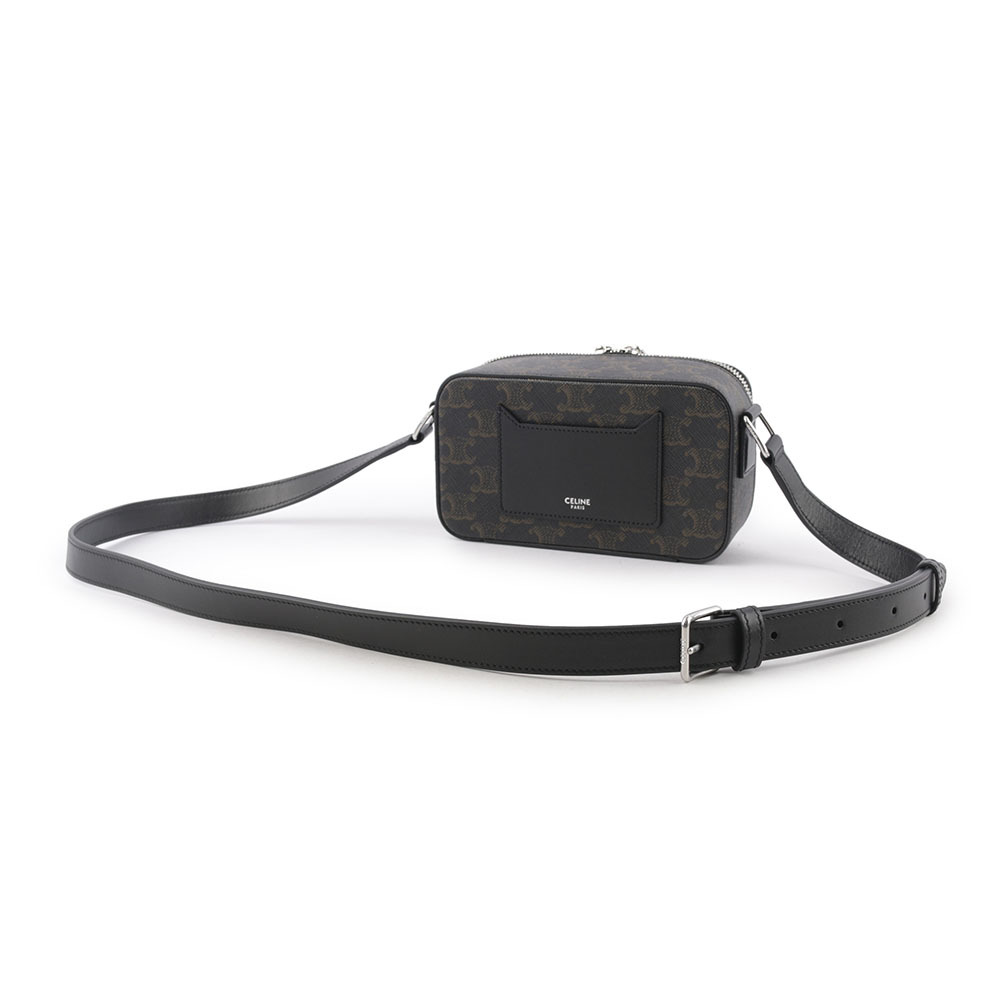 【CELINE】TRIOMPHE 塗層帆布及小牛皮迷你拉鍊郵差包(黑色) 114902EVJ.38SI