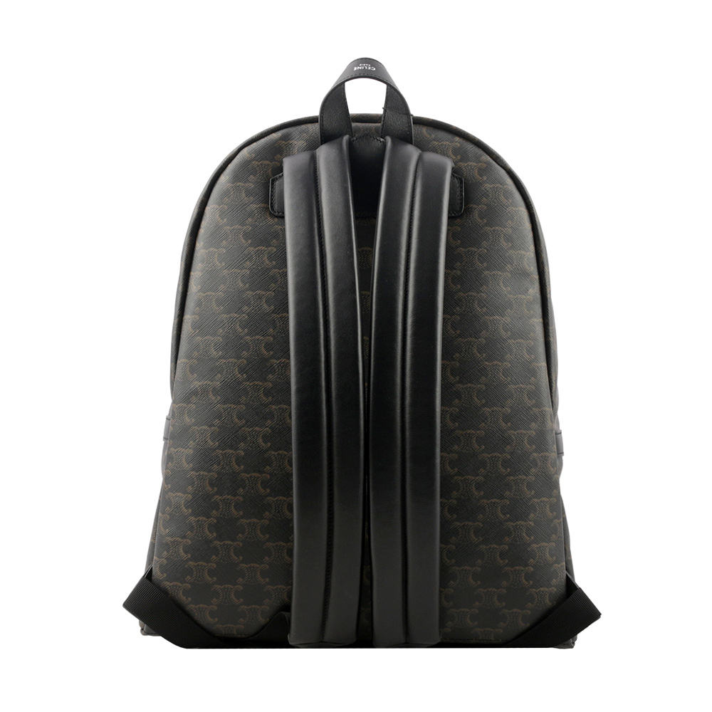 【CELINE】TRIOMPHE 帆布及小牛皮拉鍊口袋中款後背包(黑色) 188382BOV.38SI