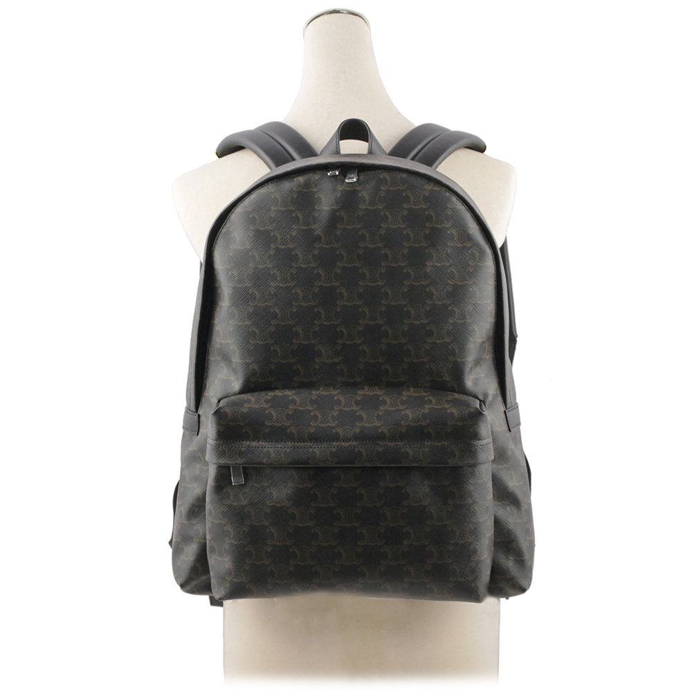 【CELINE】TRIOMPHE 帆布及小牛皮拉鍊口袋中款後背包(黑色) 188382BOV.38SI