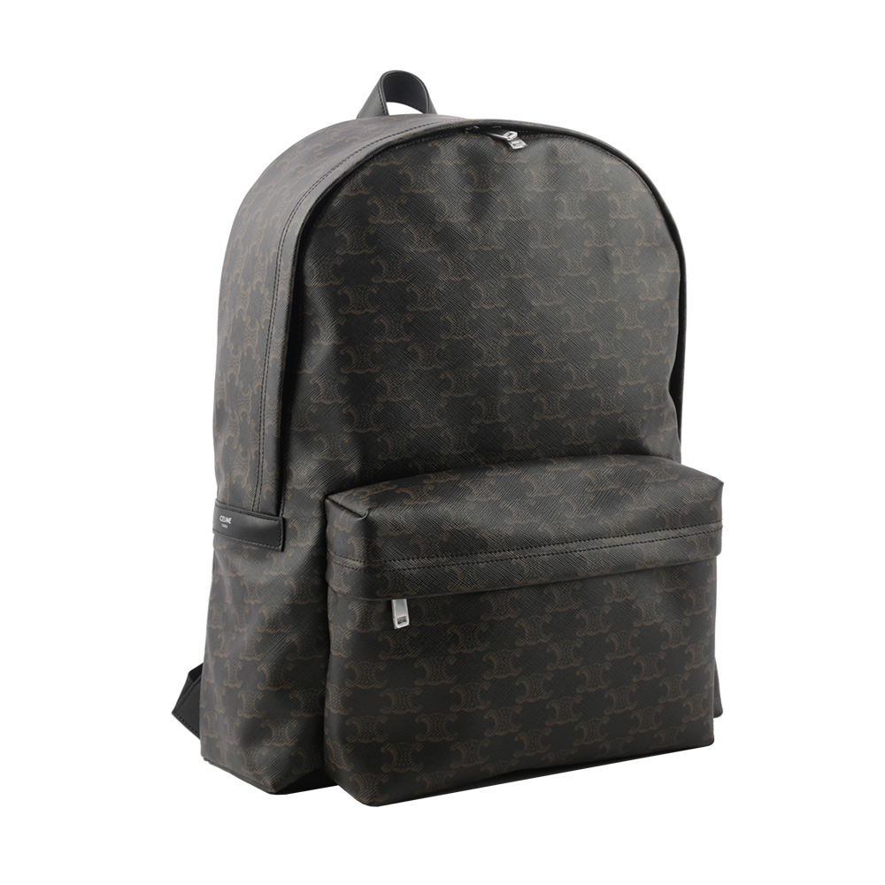 【CELINE】TRIOMPHE 帆布及小牛皮拉鍊口袋中款後背包(黑色) 188382BOV.38SI