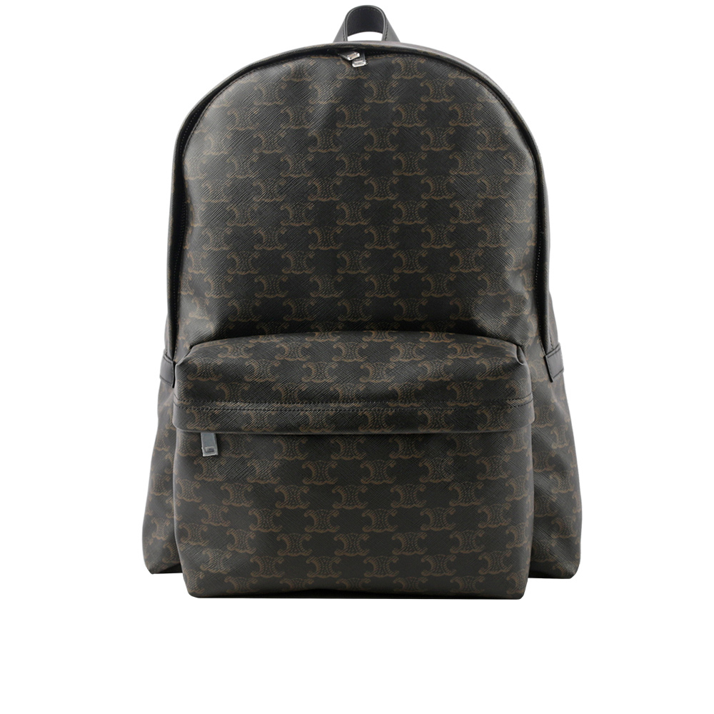 【CELINE】TRIOMPHE 帆布及小牛皮拉鍊口袋中款後背包(黑色) 188382BOV.38SI