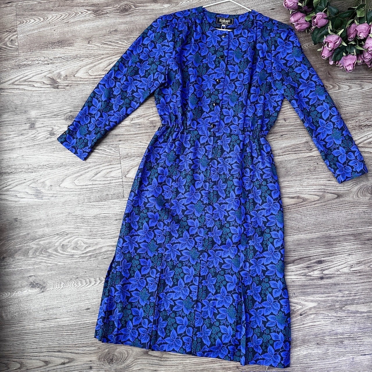 日本製絵麻亥由寶藍色葉紋圖案連身裙