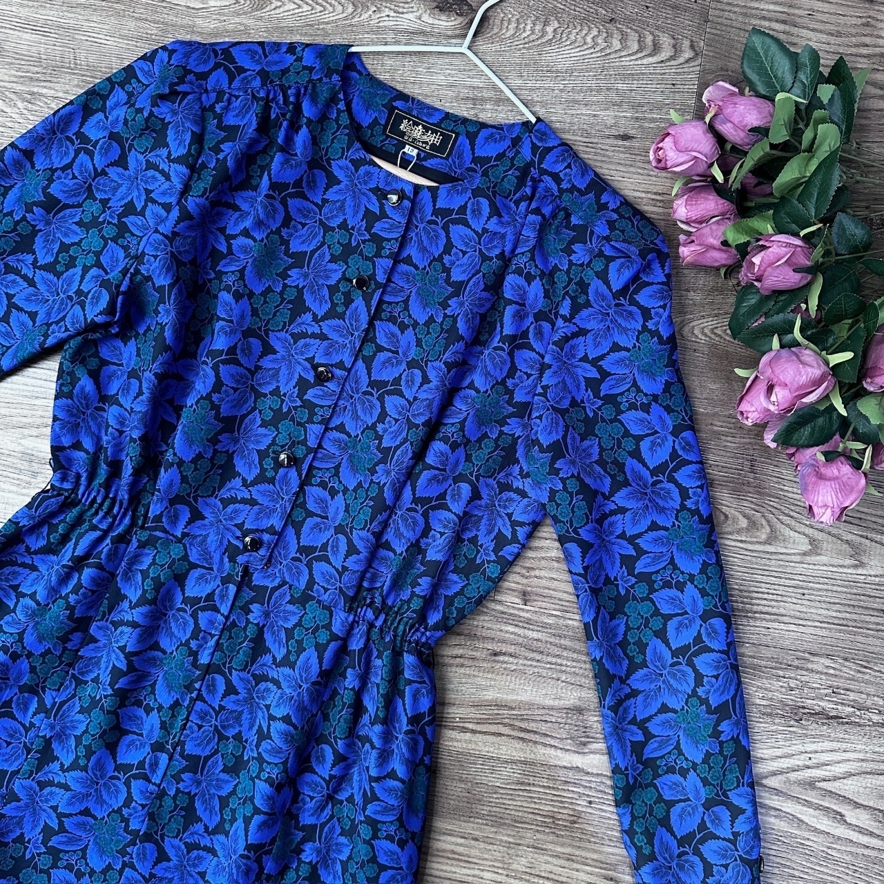 日本製絵麻亥由寶藍色葉紋圖案連身裙