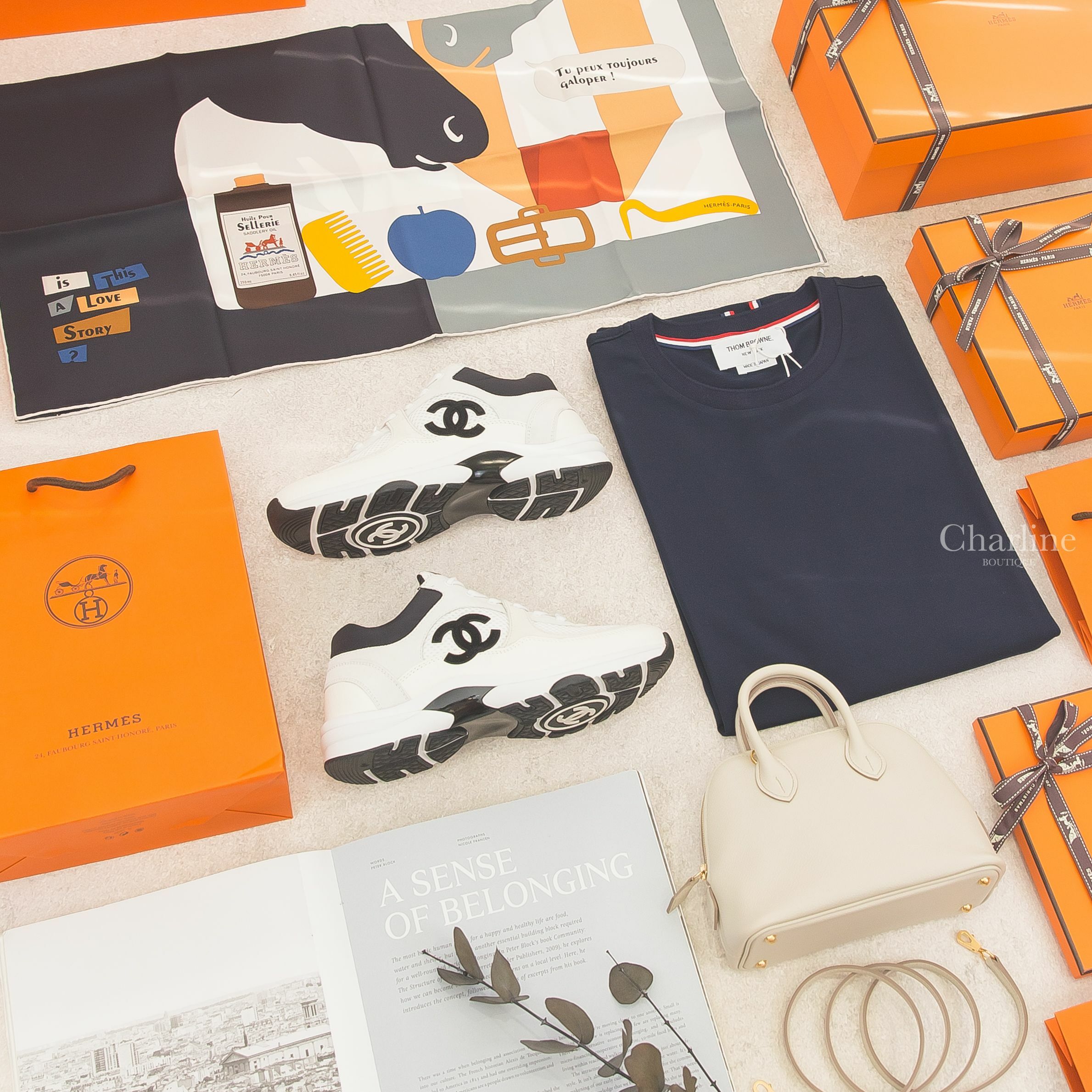 Hermès Bolide Mini 8L 金釦,Hermès Is This A Love Story Scarf 70 白色/黑色/灰綠色方巾,Chanel Trainers 白色網狀黑CC牛皮運動鞋-Charline Boutique 精品代購