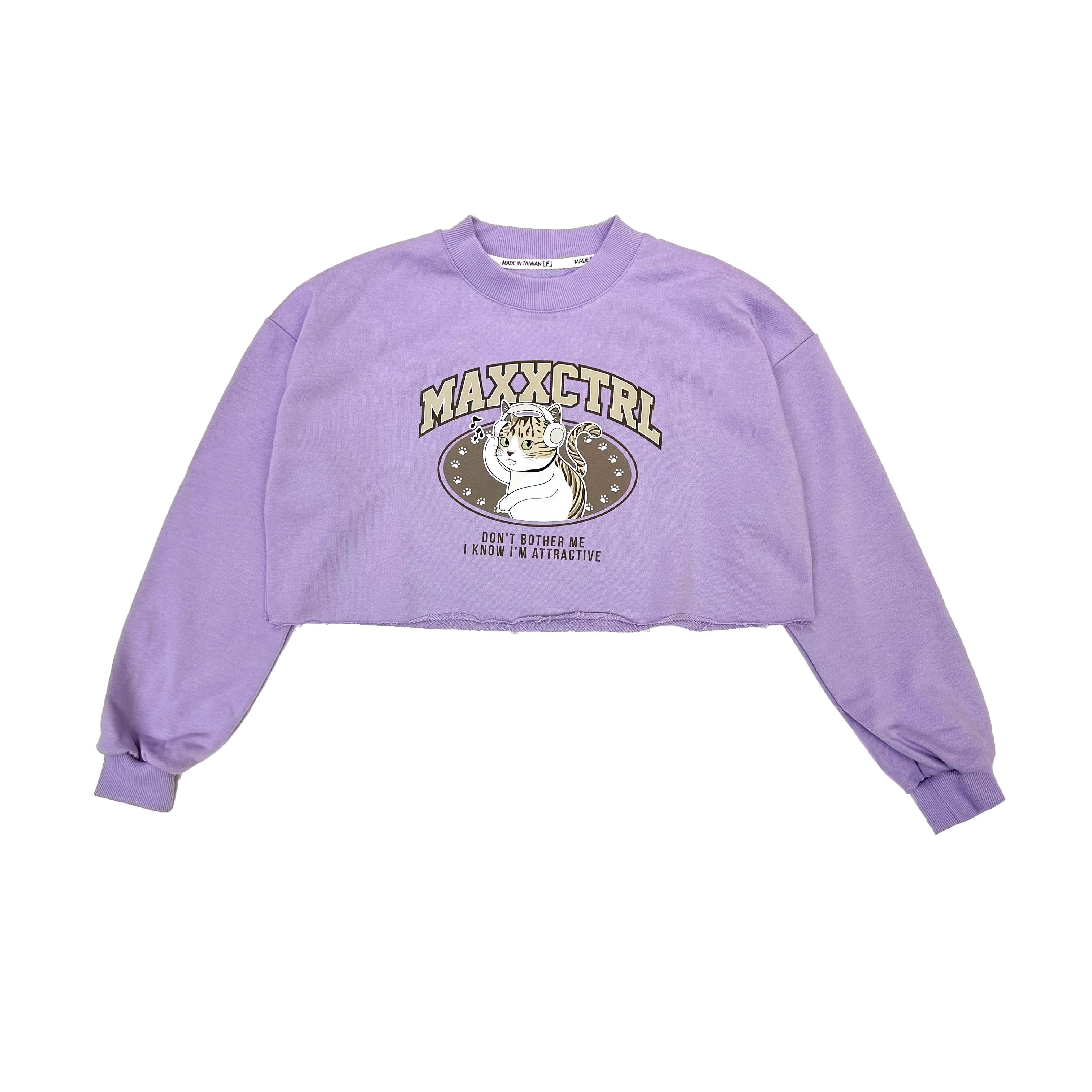 MAXXC 戴耳機的貓短版大學T-粉紫
