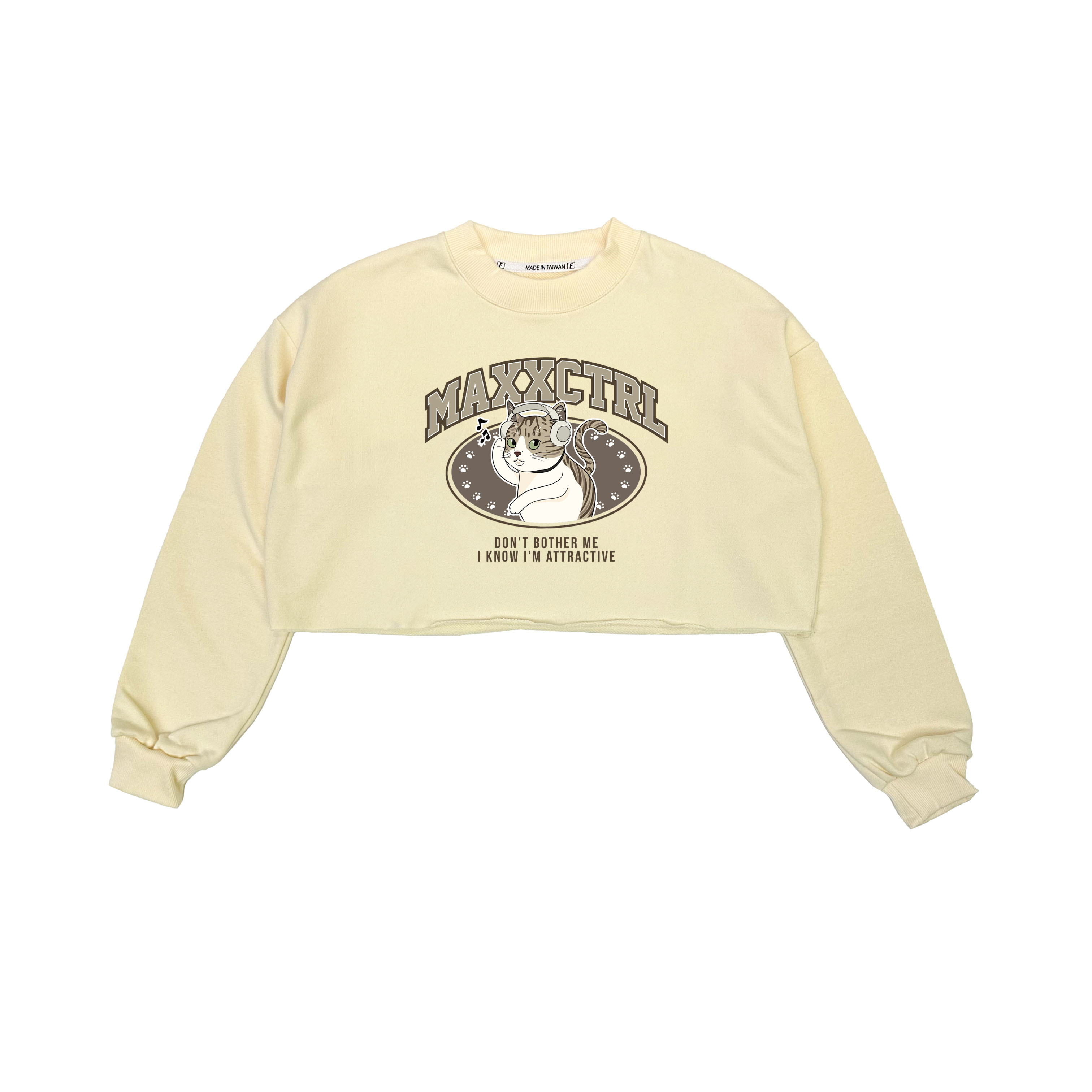 MAXXC 戴耳機的貓短版大學T-奶油